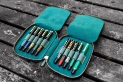 Galen Leather Pen Case Zippered 10 Slots In Crazy Forest Green