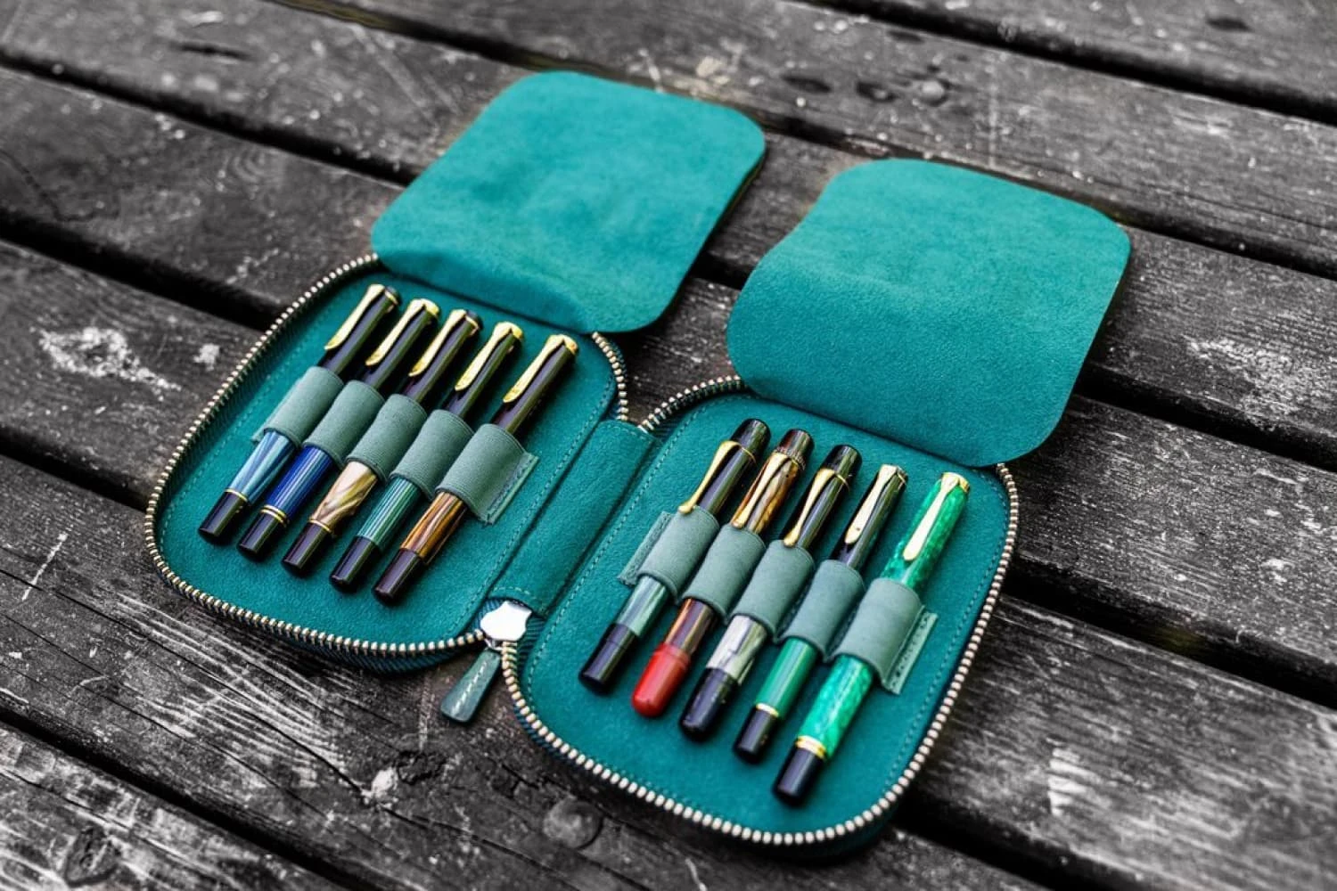 Galen Leather Pen Case Zippered 10 Slots In Crazy Forest Green 1 Galen Leather Pen Case Zippered 10 Slots In Crazy Forest Green