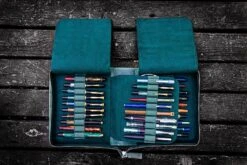 Galen Leather Pen Case Zippered 40 Slots In Crazy Horse Forest Green
