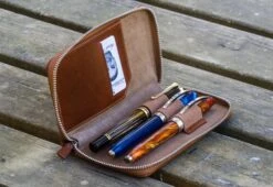Galen Leather Zippered Three Pen Case In Brown