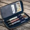 Galen Leather Zippered Three Pen Case In Crazy Horse Navy Blue
