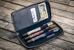 Galen Leather Zippered Three Pen Case In Crazy Horse Navy Blue