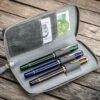 Galen Leather Zippered Three Pen Case In Crazy Horse Smoky Grey