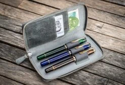 Galen Leather Zippered Three Pen Case In Crazy Horse Smoky Grey