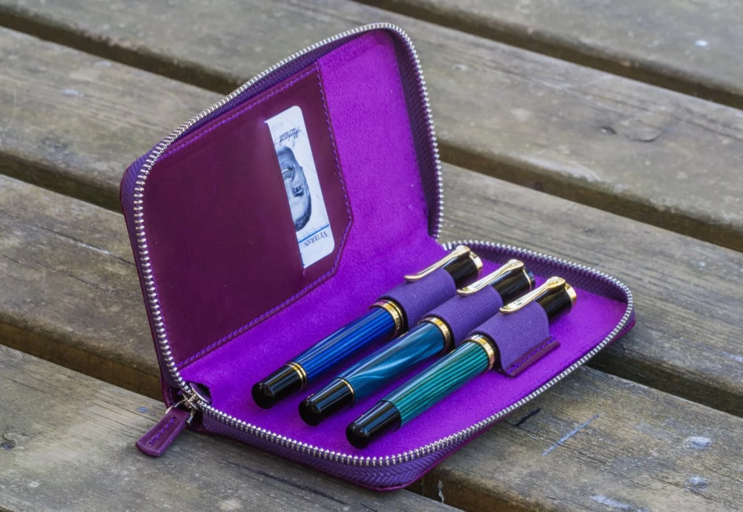 Galen Leather Zippered Three Pen Case In Purple 1 Galen Leather Zippered Three Pen Case In Purple