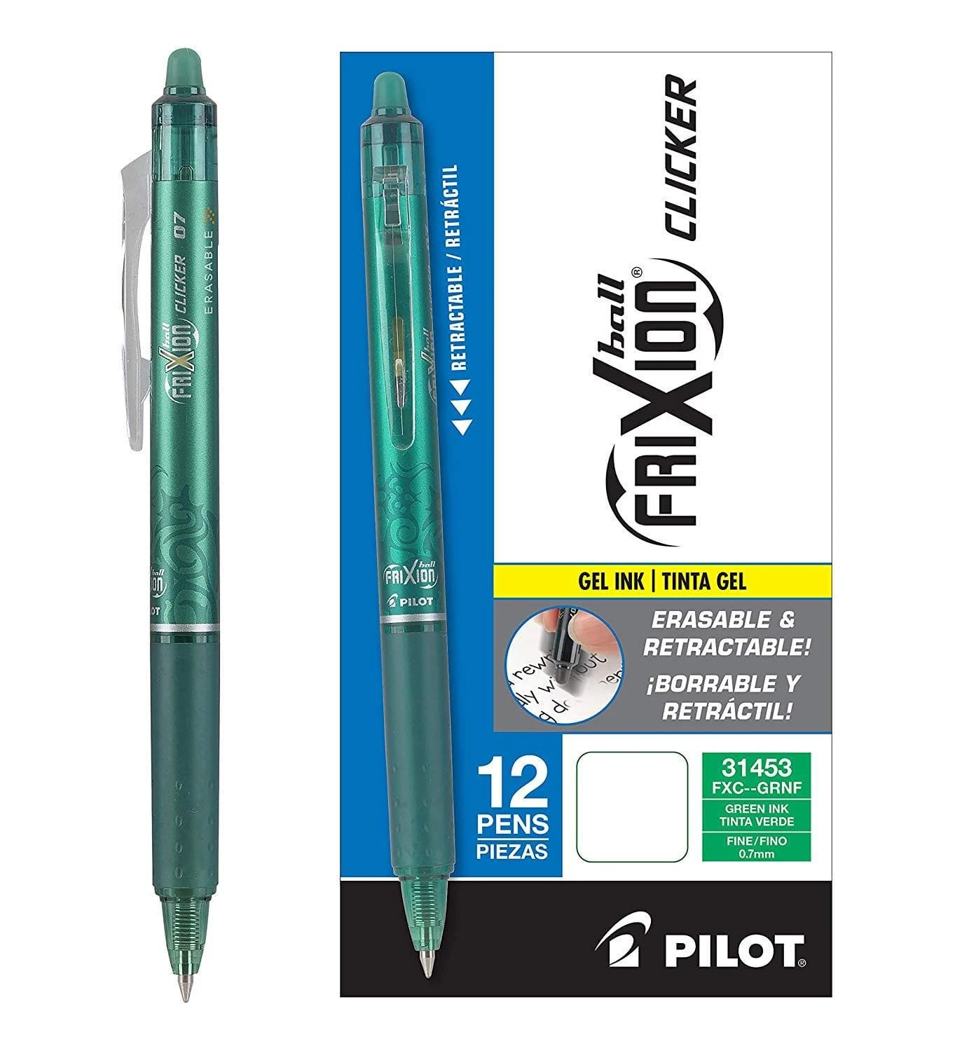 Pilot FriXion Clicker Retractable Erasable Gel Pens In Green - Fine Point - Pack Of 12 1 Pilot FriXion Clicker Retractable Erasable Gel Pens In Green - Fine Point - Pack Of 12